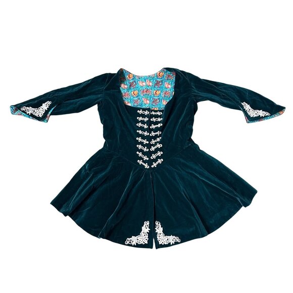 Vintage Green Velvet Jacket Top White Embellishments Handmade Renaissance Flared - Picture 2 of 8